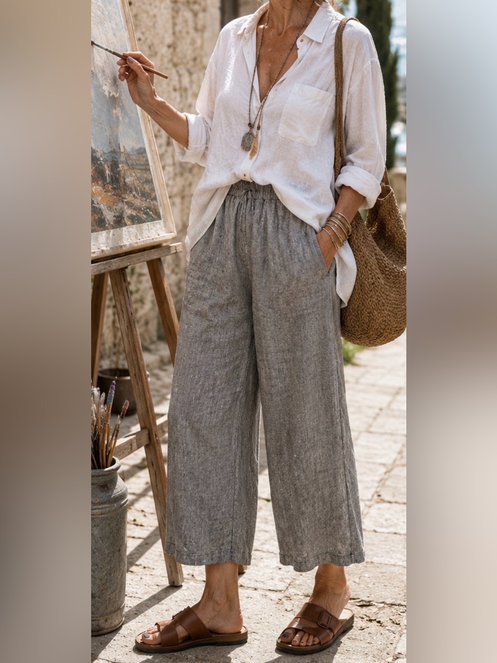 FLAX Jeanne Engelhart Gray 100% Linen Cropped Pants Large Lagenlook Wide Leg